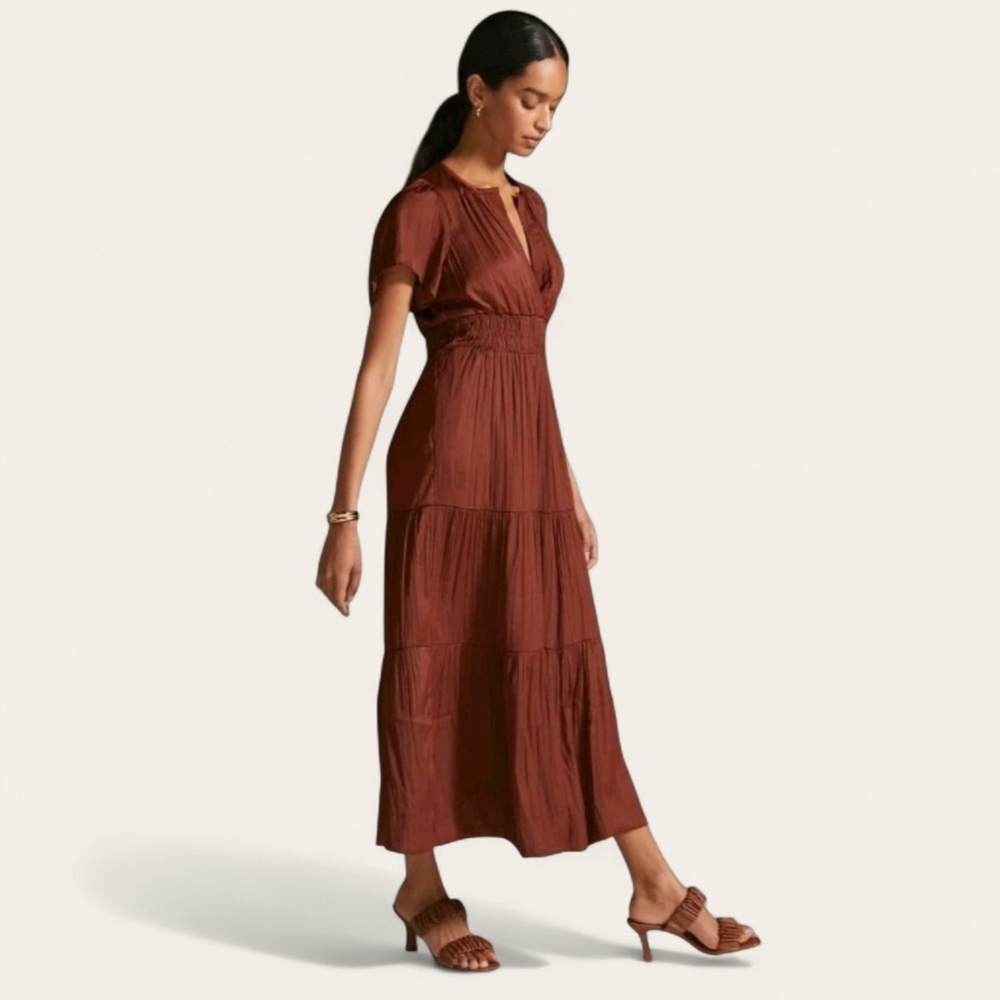 NWT Anthropologie Somerset Maxi Dress Satin Edition Size XS Brown Elastic Waist